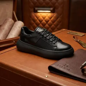 Zapatilla urbana para hombre en cuero genuino negro con suela gruesa y detalles de malla, sobre una superficie de cuero marrón.